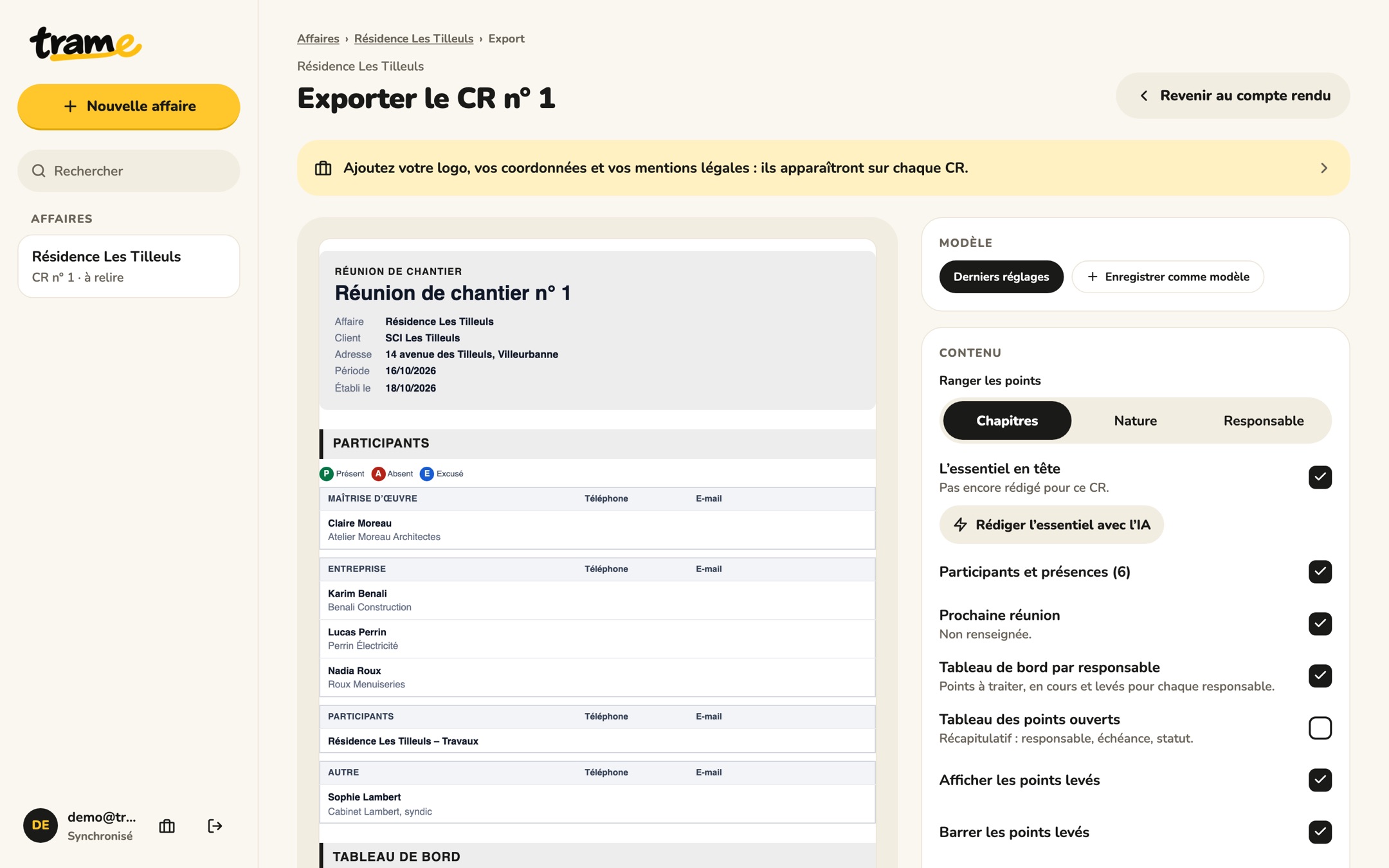 Export du CR dans le navigateur : aperçu du PDF et réglages