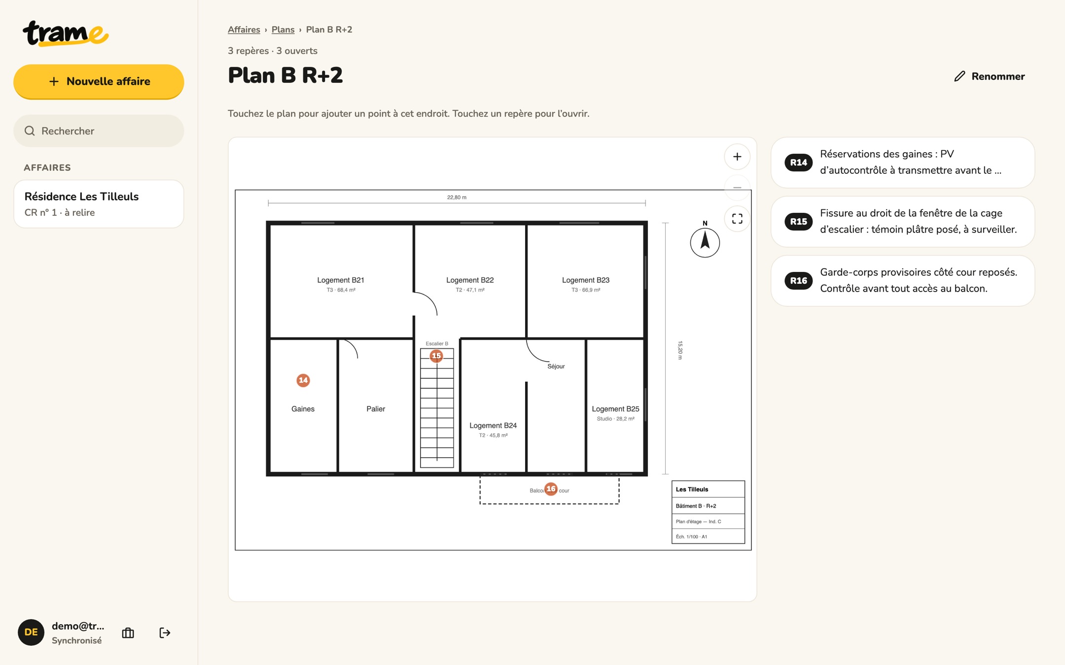 Plan d’étage du bâtiment B avec les repères 14, 15 et 16