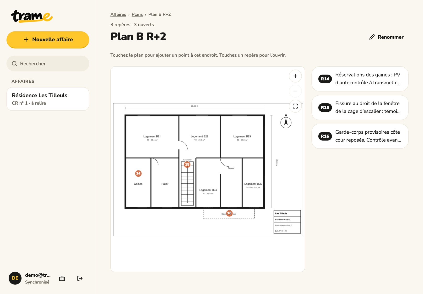 Plan B R+2 avec trois repères dans Trame sur tablette